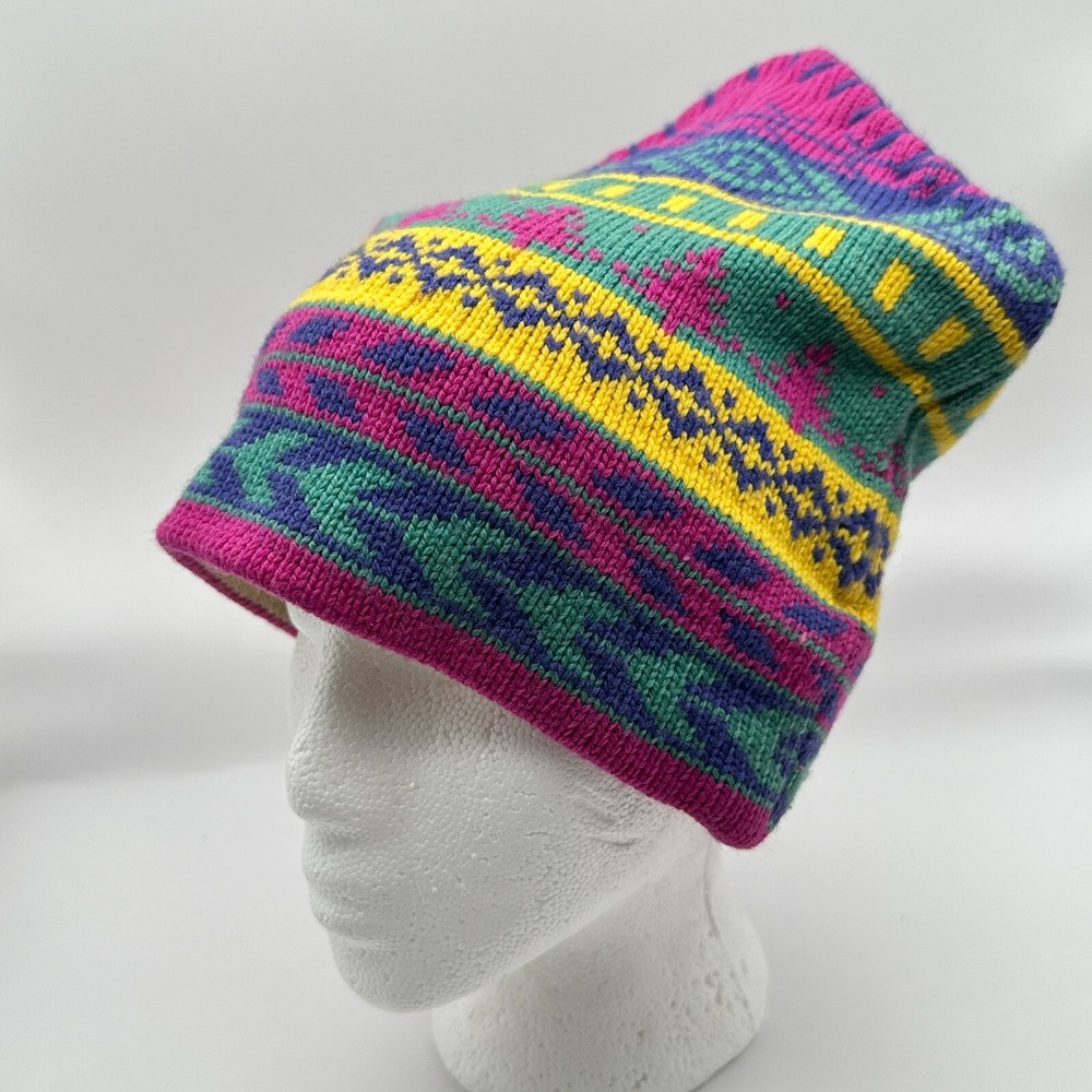 Vintage The North Face Beanie Hat Unisex Pink Green Fair Isle Wool Knit Winter